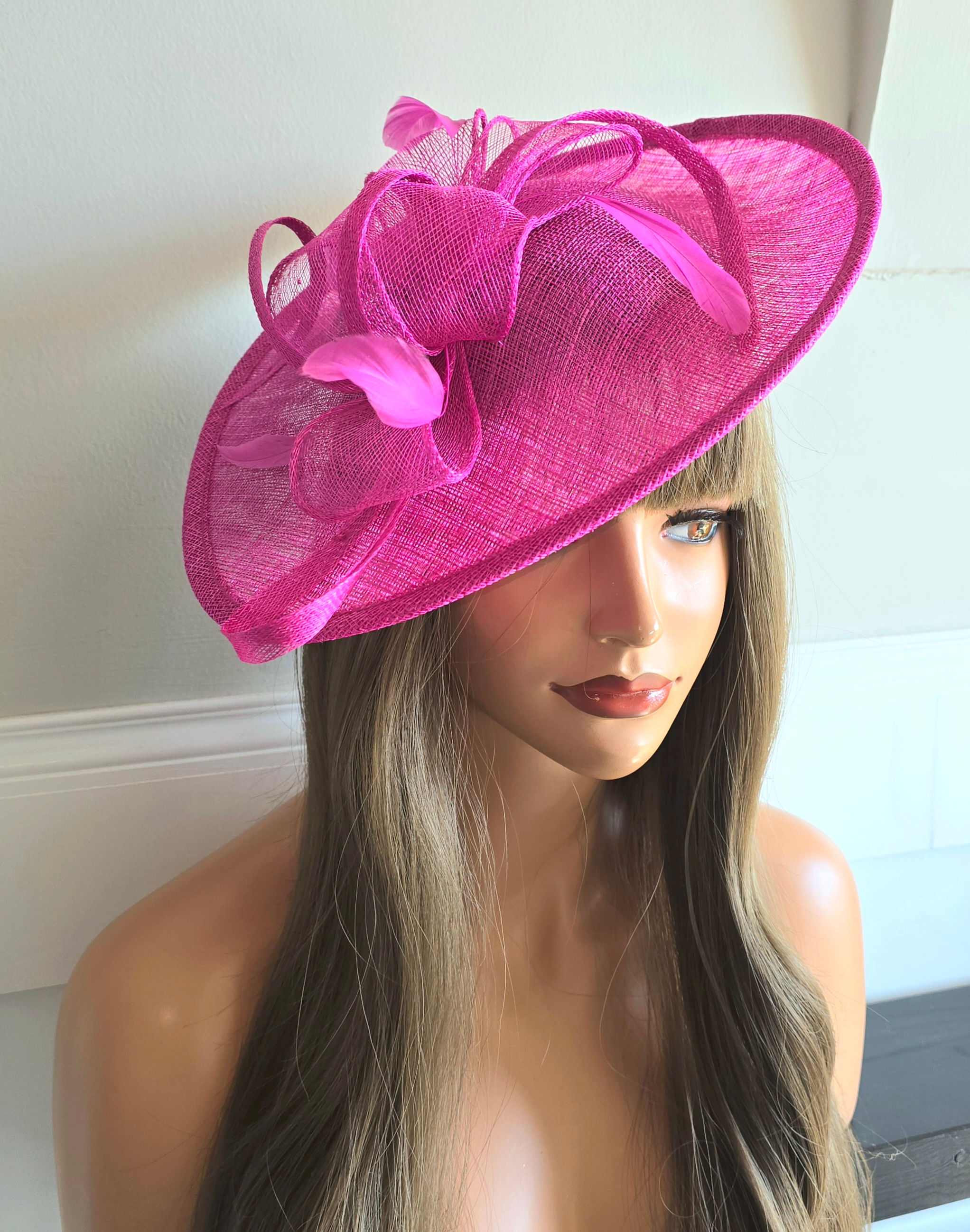 Hot Pink sinamay Hatinator Hat on a band 300526
