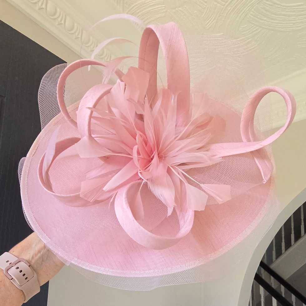 Thumbnail: Dusky Pink Hat with loops & feather flower 150526