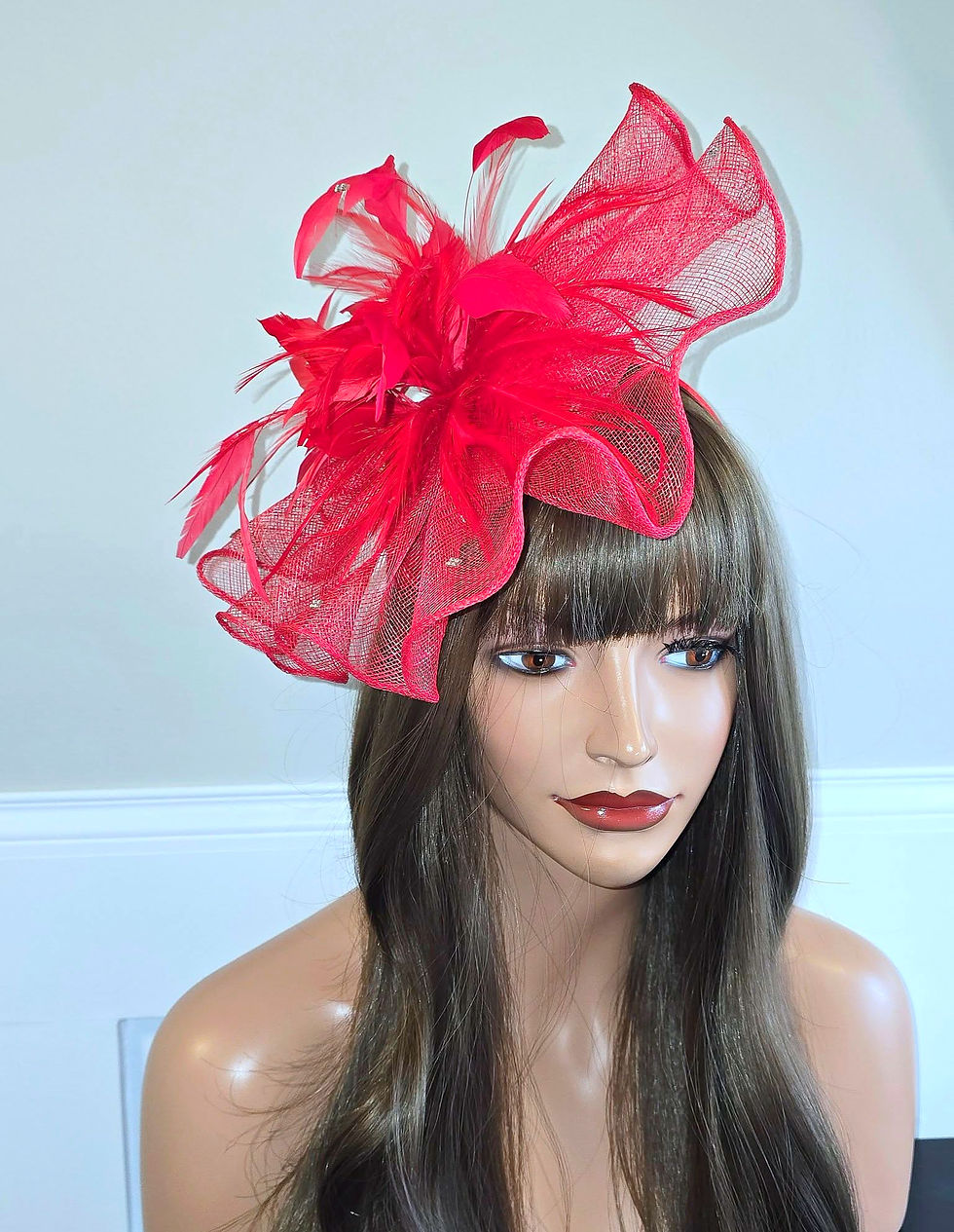 Red sinamay Fascinator Hatinator on a band