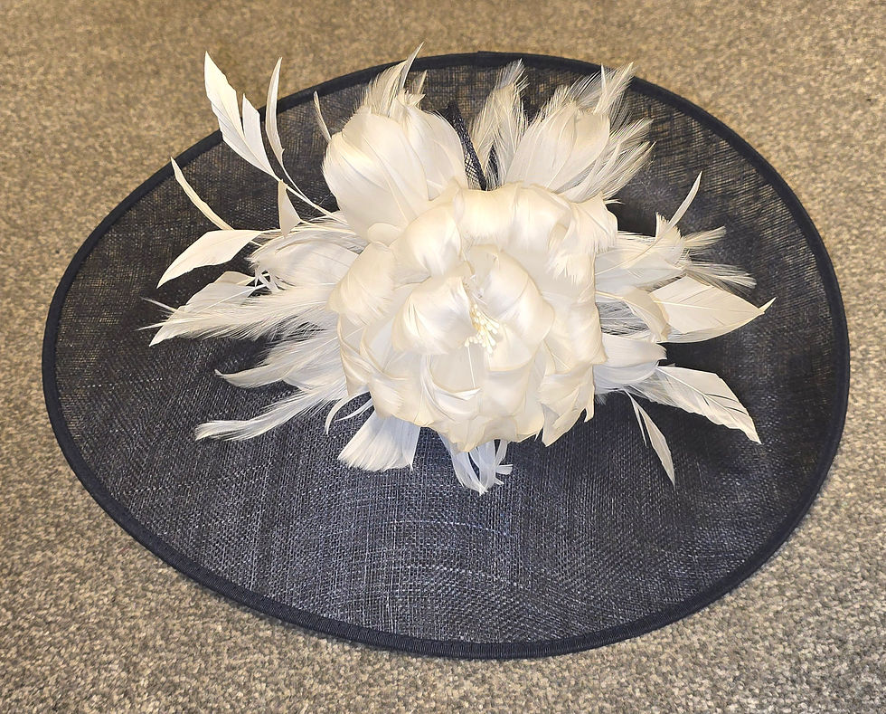 Thumbnail: Large Navy Blue & White Feather Hatinator Hat on a band with pearl & diamante