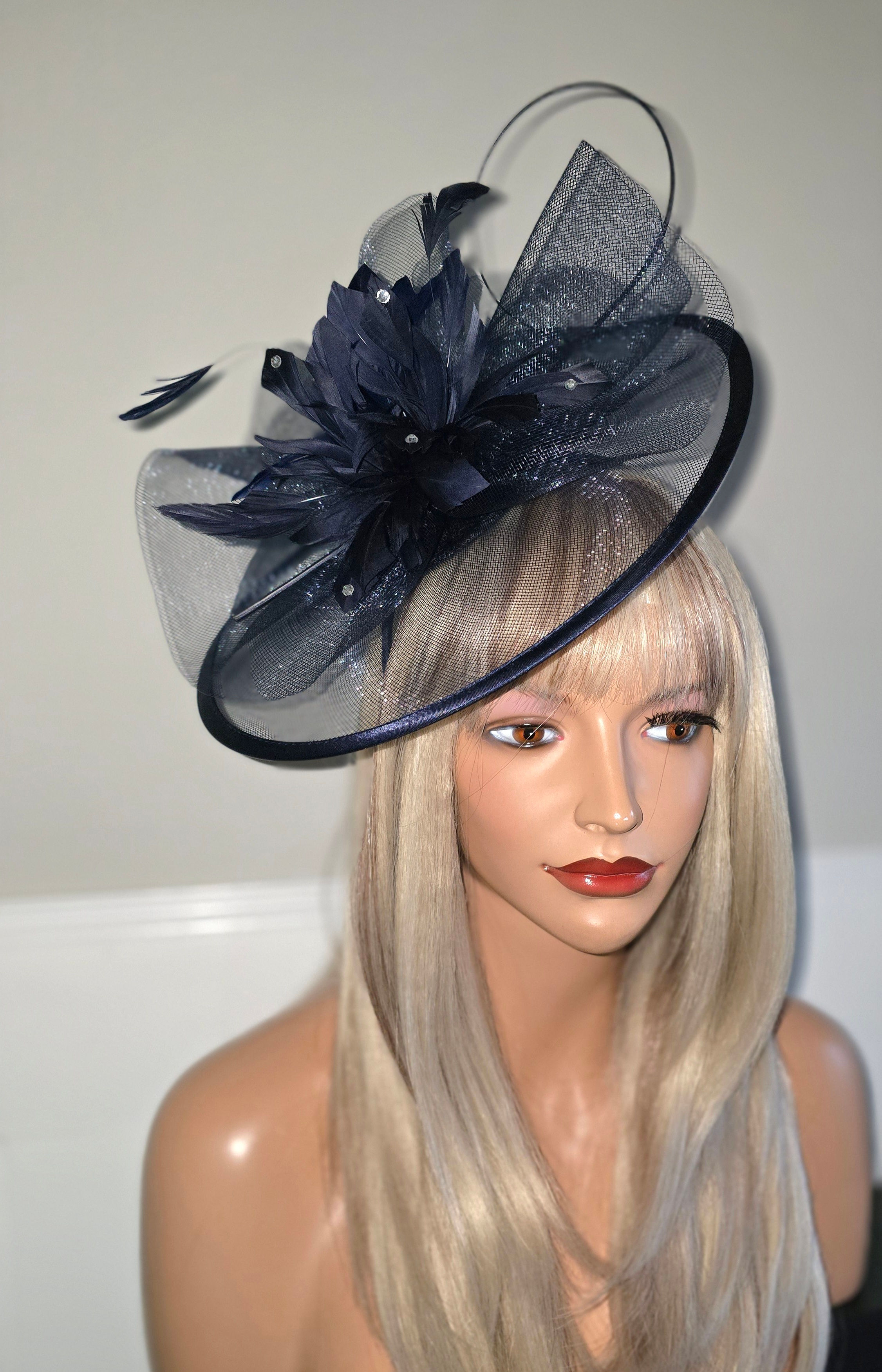 Dark Navy blue mesh & satin Fascinator on a band 100926