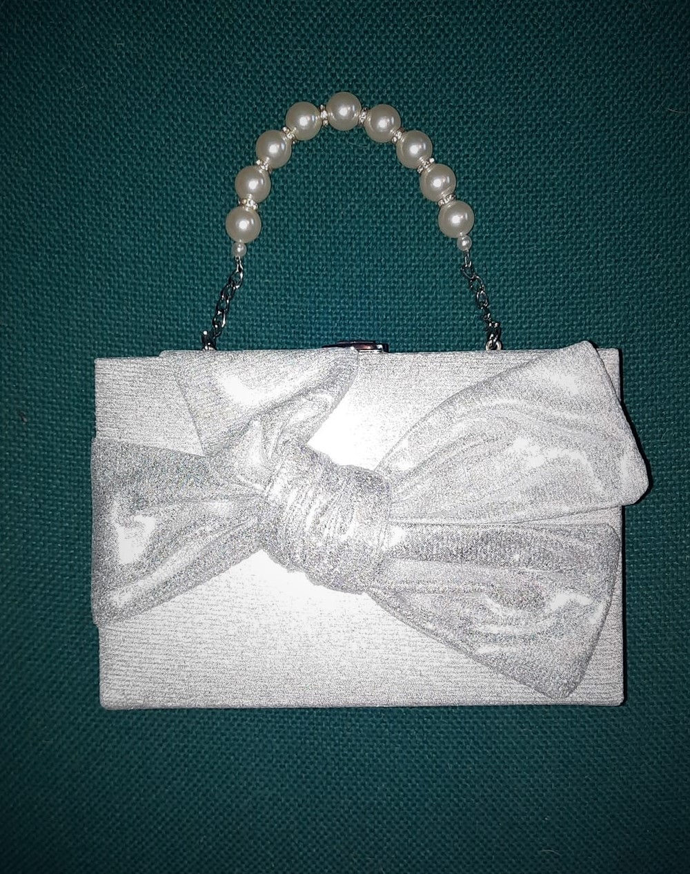 Silver metallic Bow Bag with Pearl & Rhinestone handle