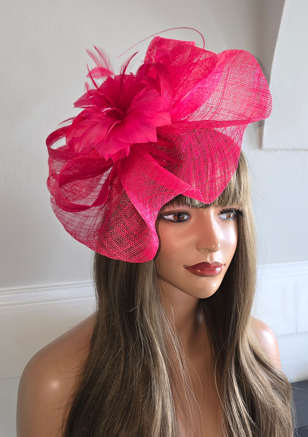Thumbnail: Pink sinamay Fascinator with feather flower centre 070526