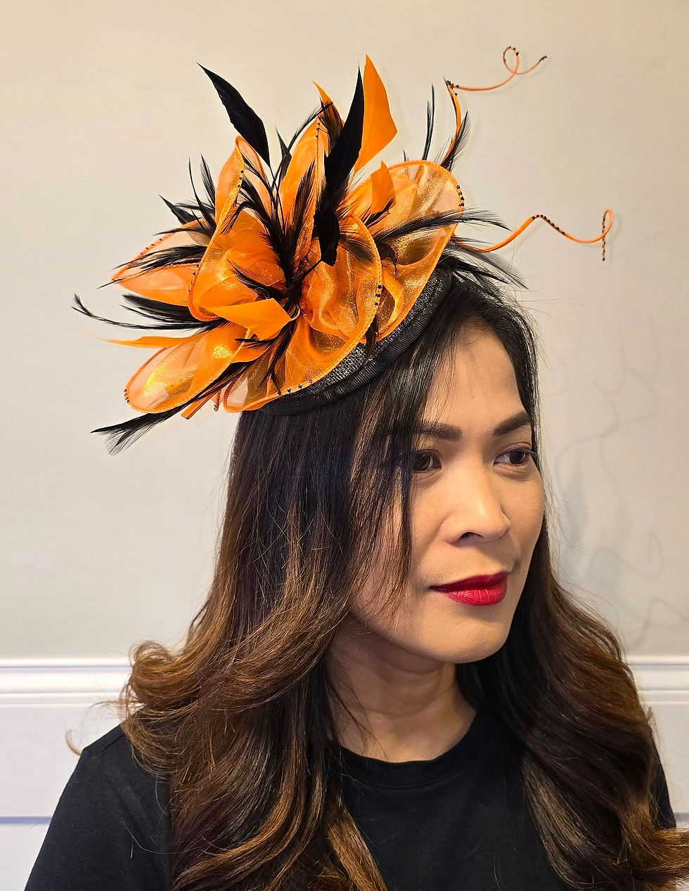 Black & Orange organza Fascinator with quill Feathers on a band 160125