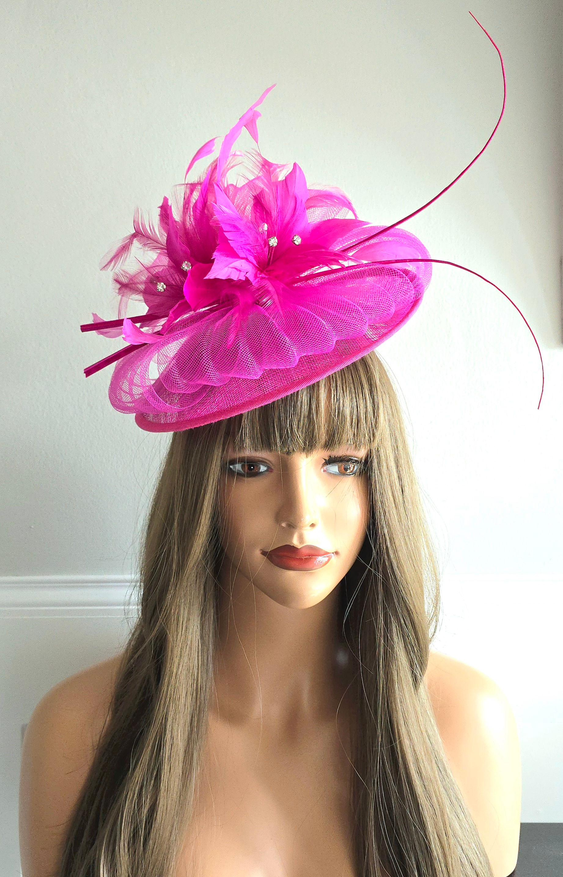 Hot Pink sinamay Hatinator with 2 quills on a band 160525