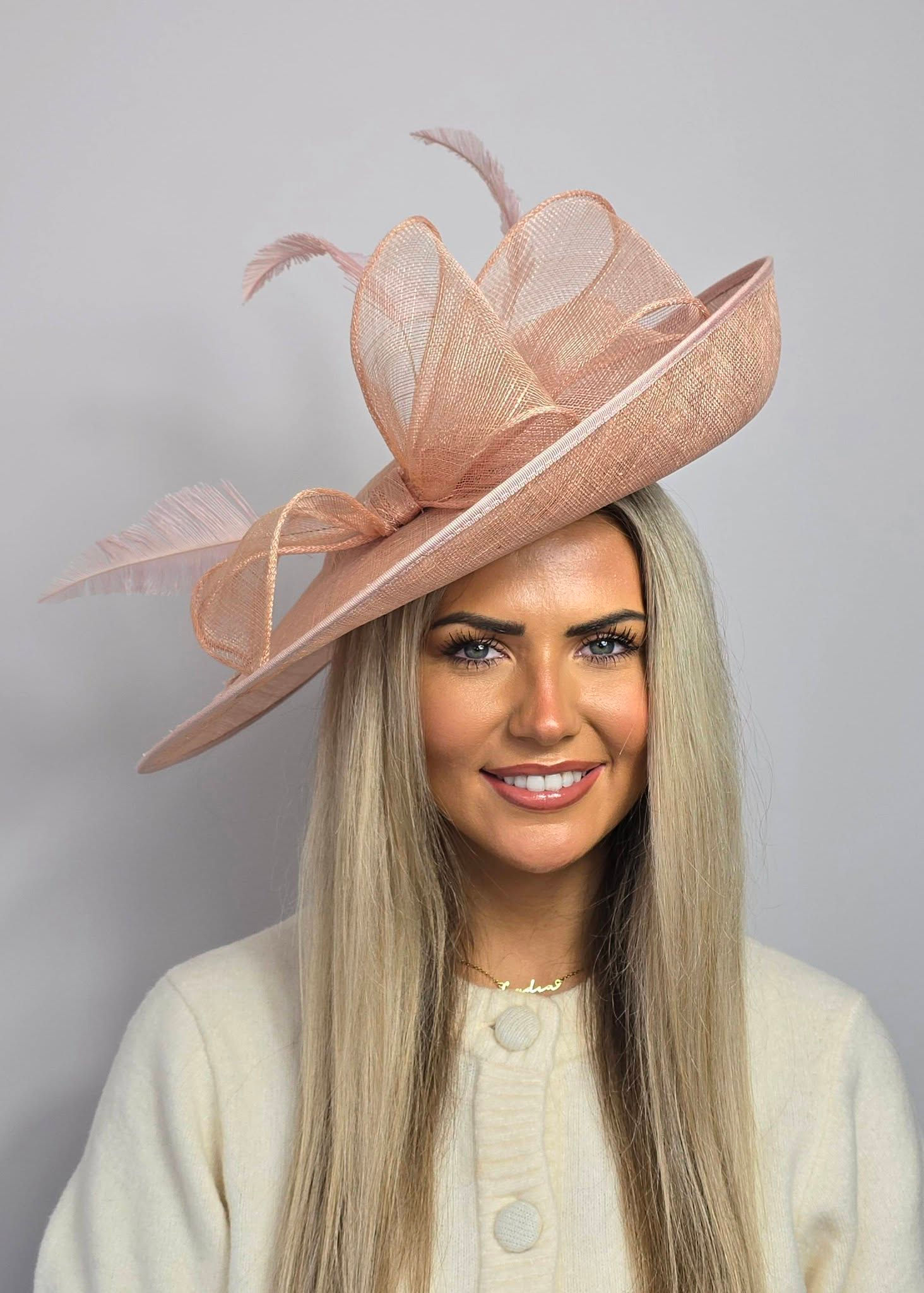 Skin tone large sinamay Hatinator Hat on a band 011225