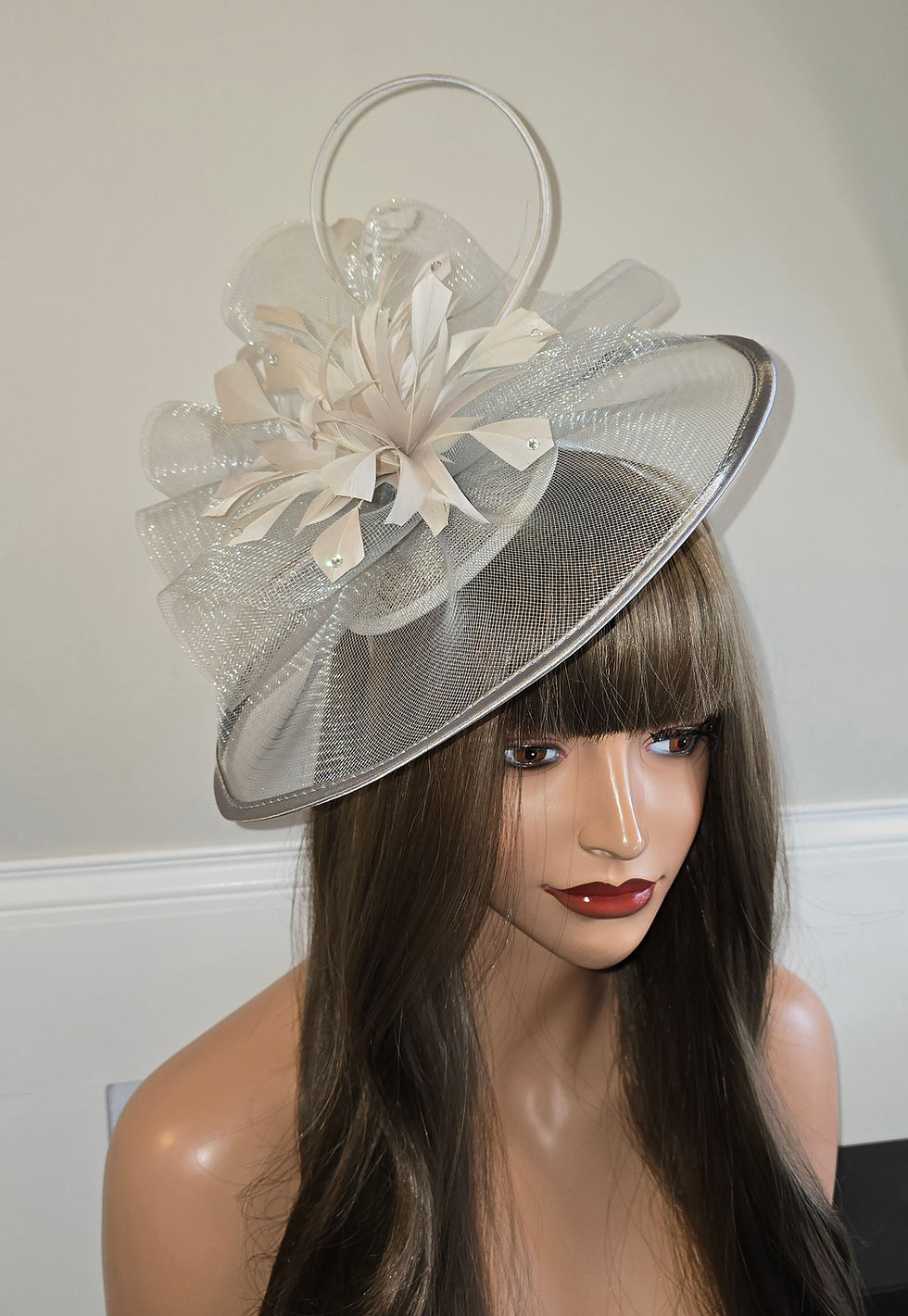 Silver Grey mesh  Fascinator with satin loops & diamante on a band 150925