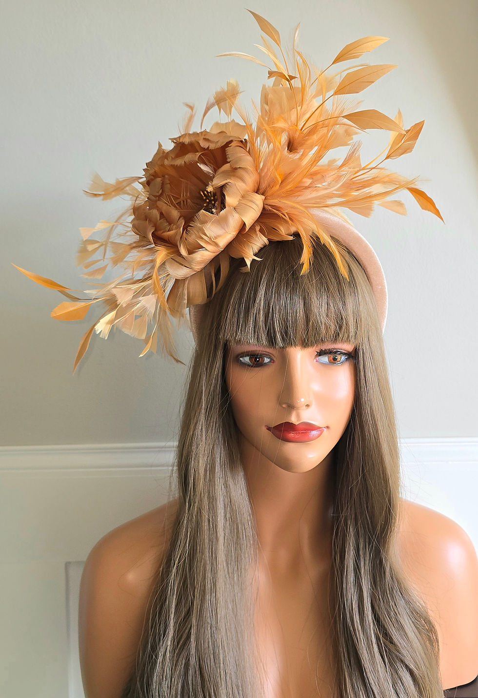 Thumbnail: Gold feather flower Fascinator on a thick halo band 290526