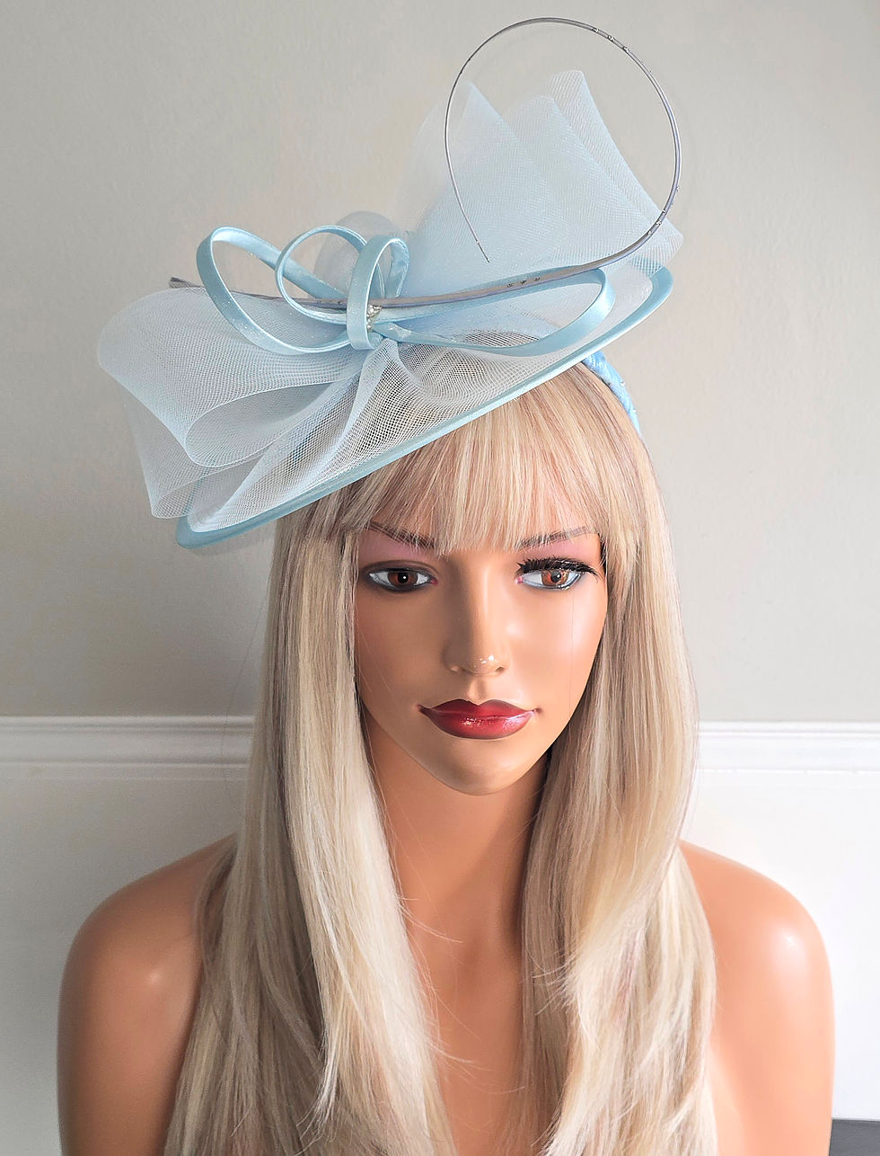 Thumbnail: Light Blue mesh and satin Fascinator 010926