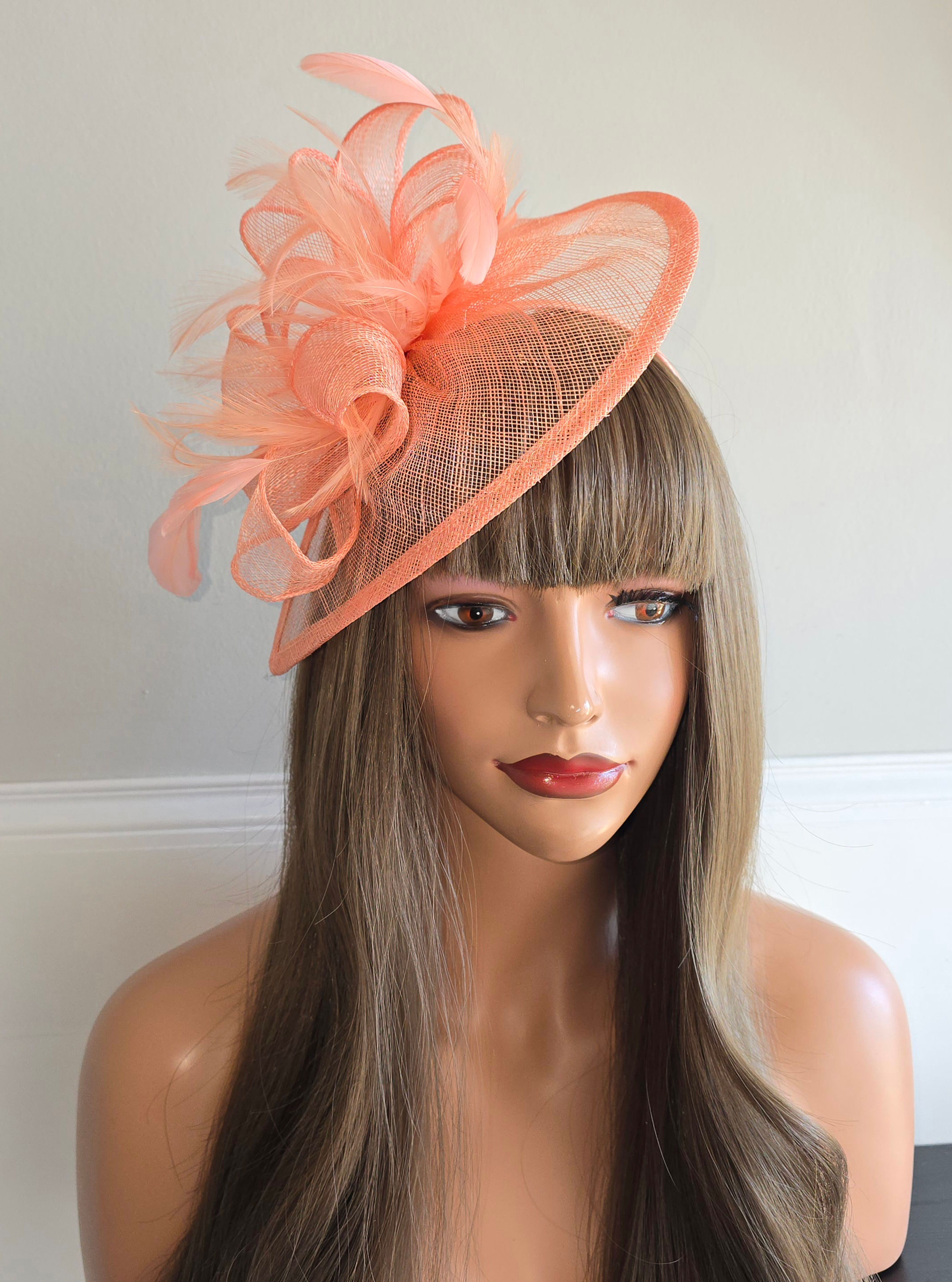 Deep peach / light coral Teardrop Fascinator on a band 090526