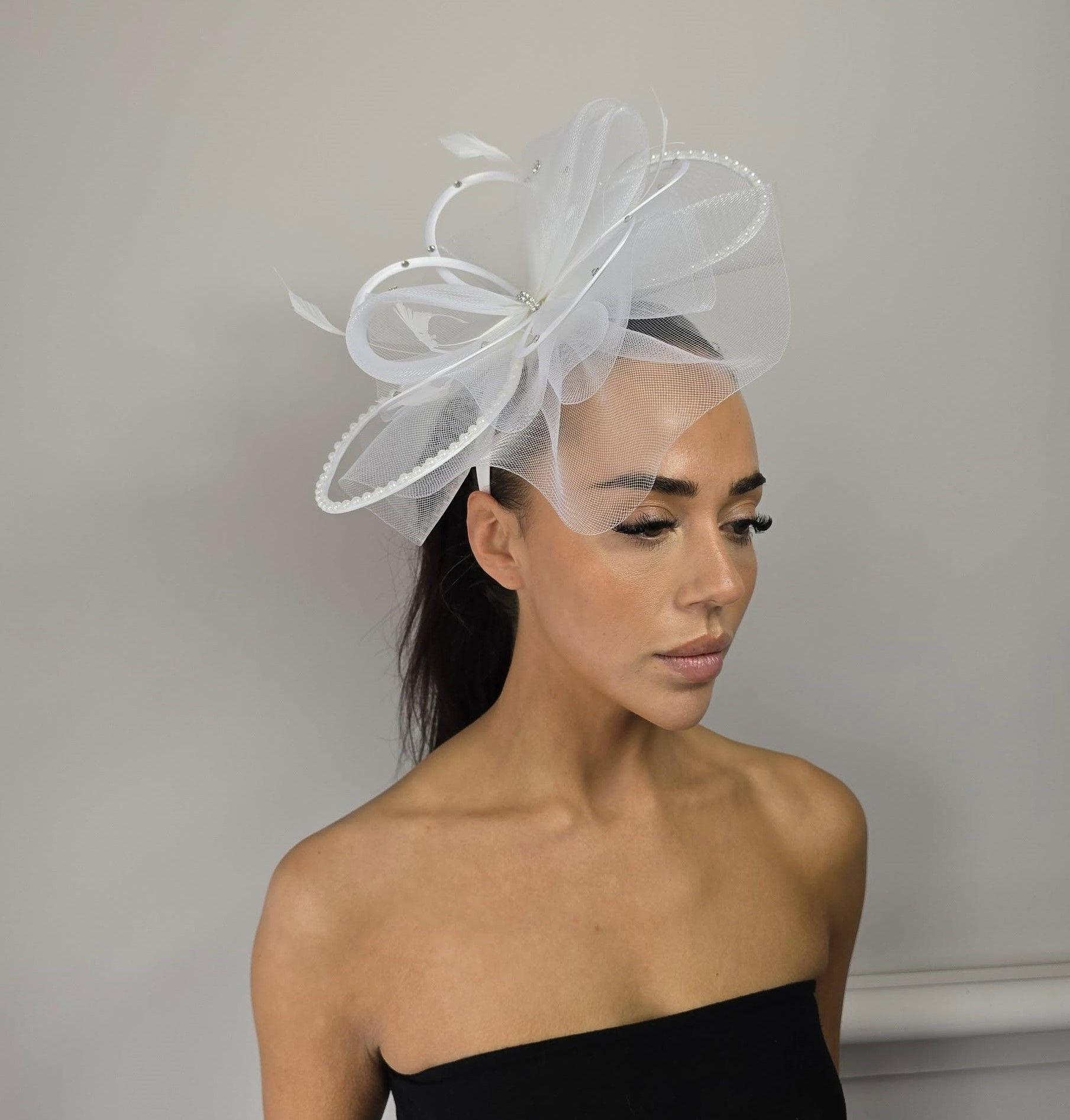 White mesh Fascinator Hatinator with pearl & diamante on a band 212325