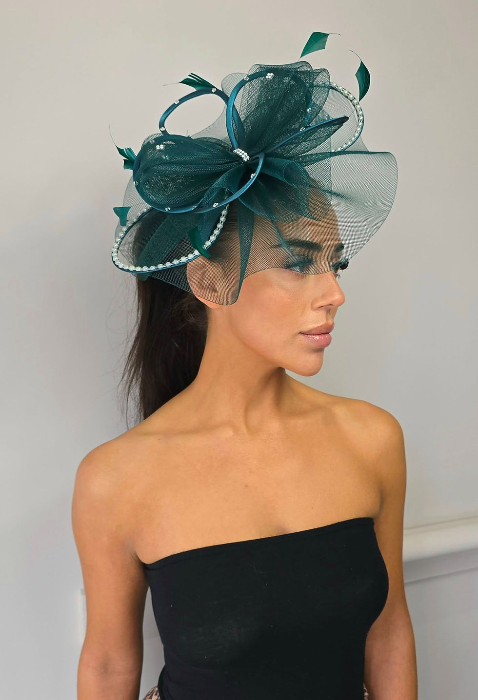 Thumbnail: Teal Mesh Fascinator with Pearls & Diamante mounted on to a band 060224