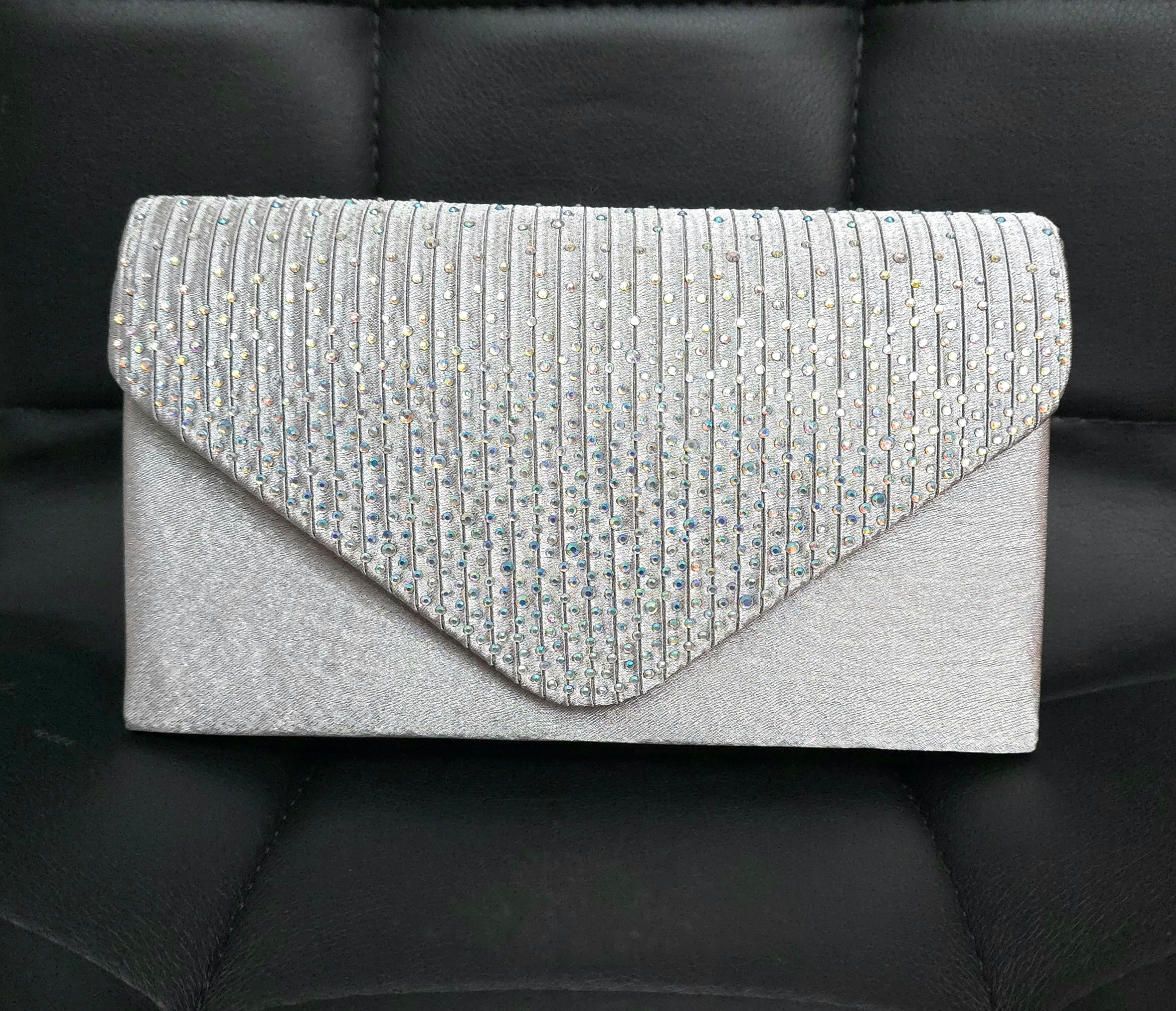 Silver satin bag with jewelled front & chain strap