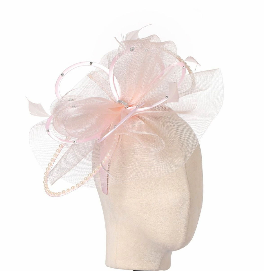 Blush mesh Fascinator with Pearls & diamantes on a band 090925