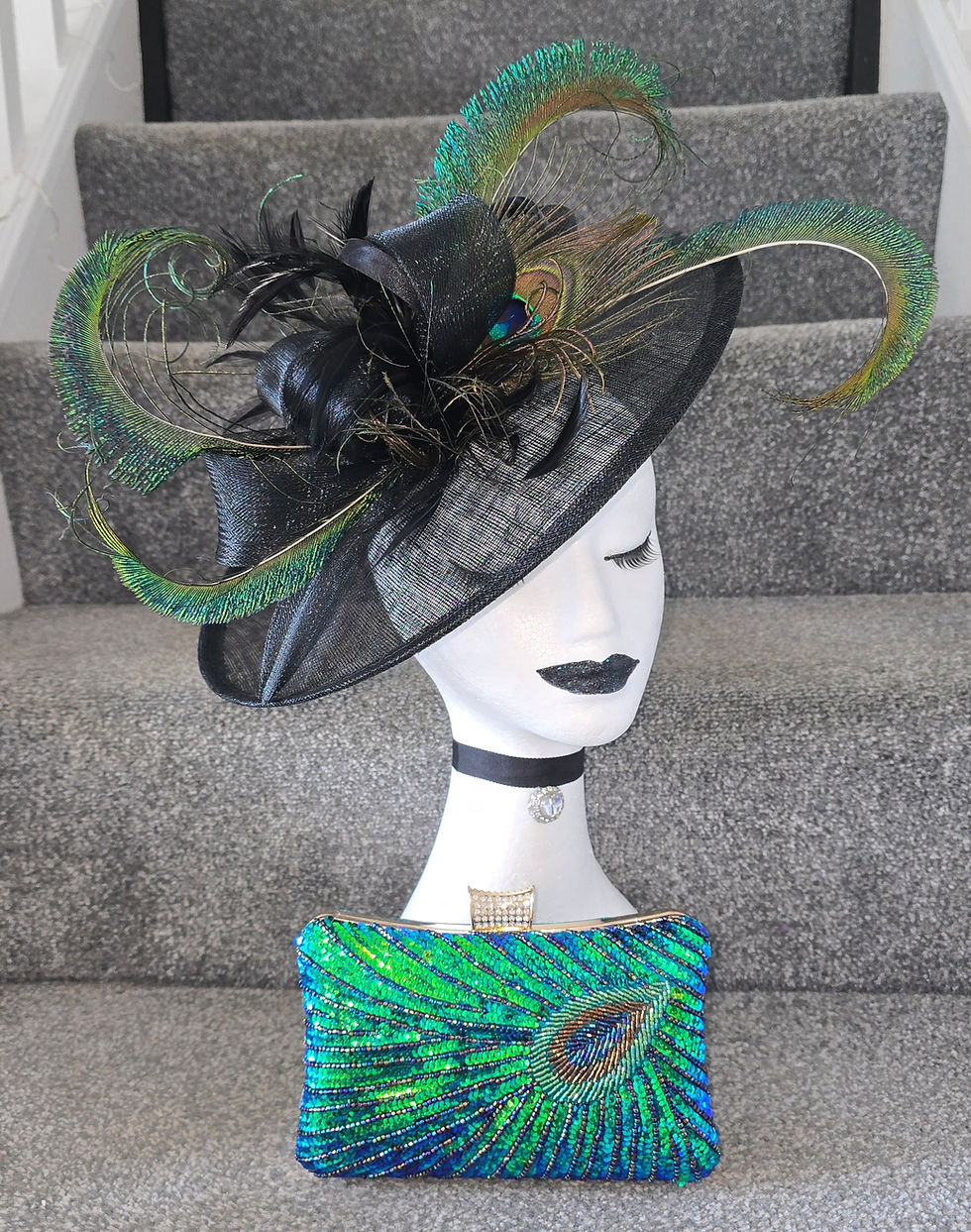 Thumbnail: Black sinamay Hatinator Hat with Peacock Feathers & matching bag 270726