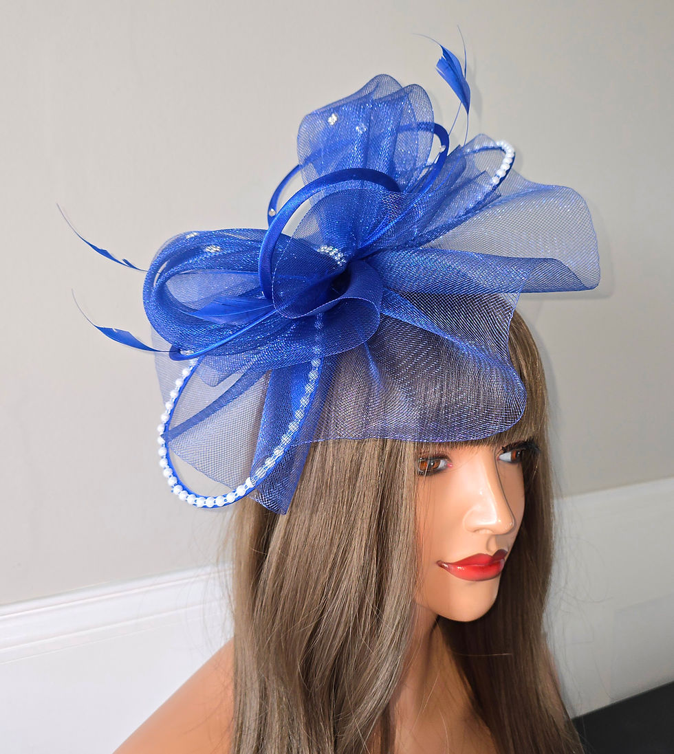Thumbnail: Cobalt Blue mesh Fascinator with pearls & diamante on a band 130525