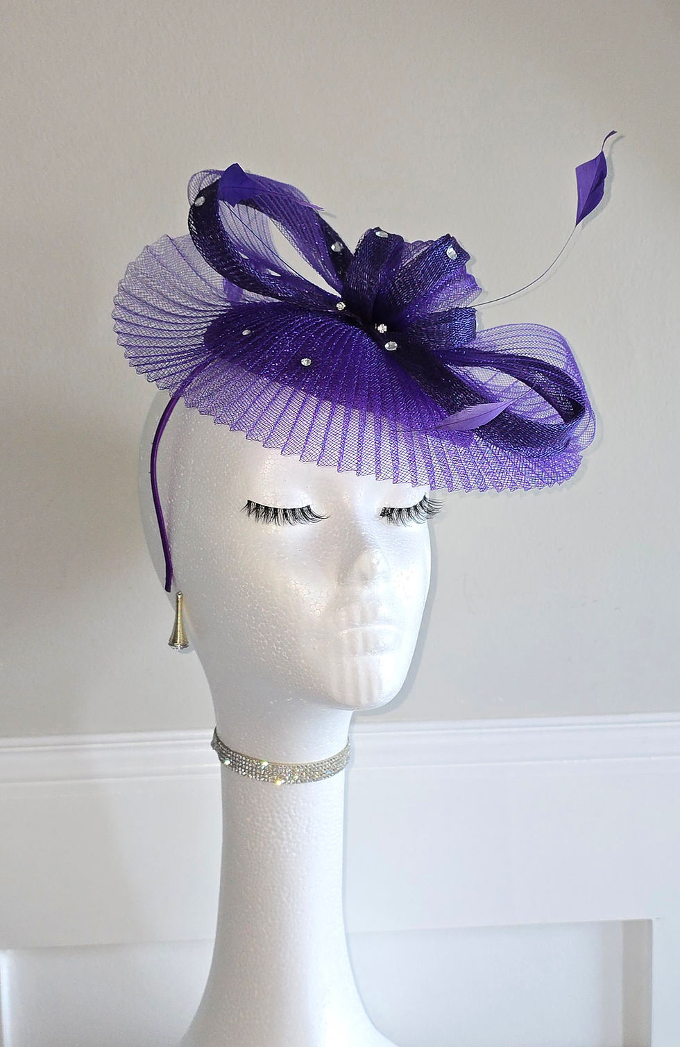 Thumbnail: Purple pleated mesh Fascinator with diamantes on a band 310925