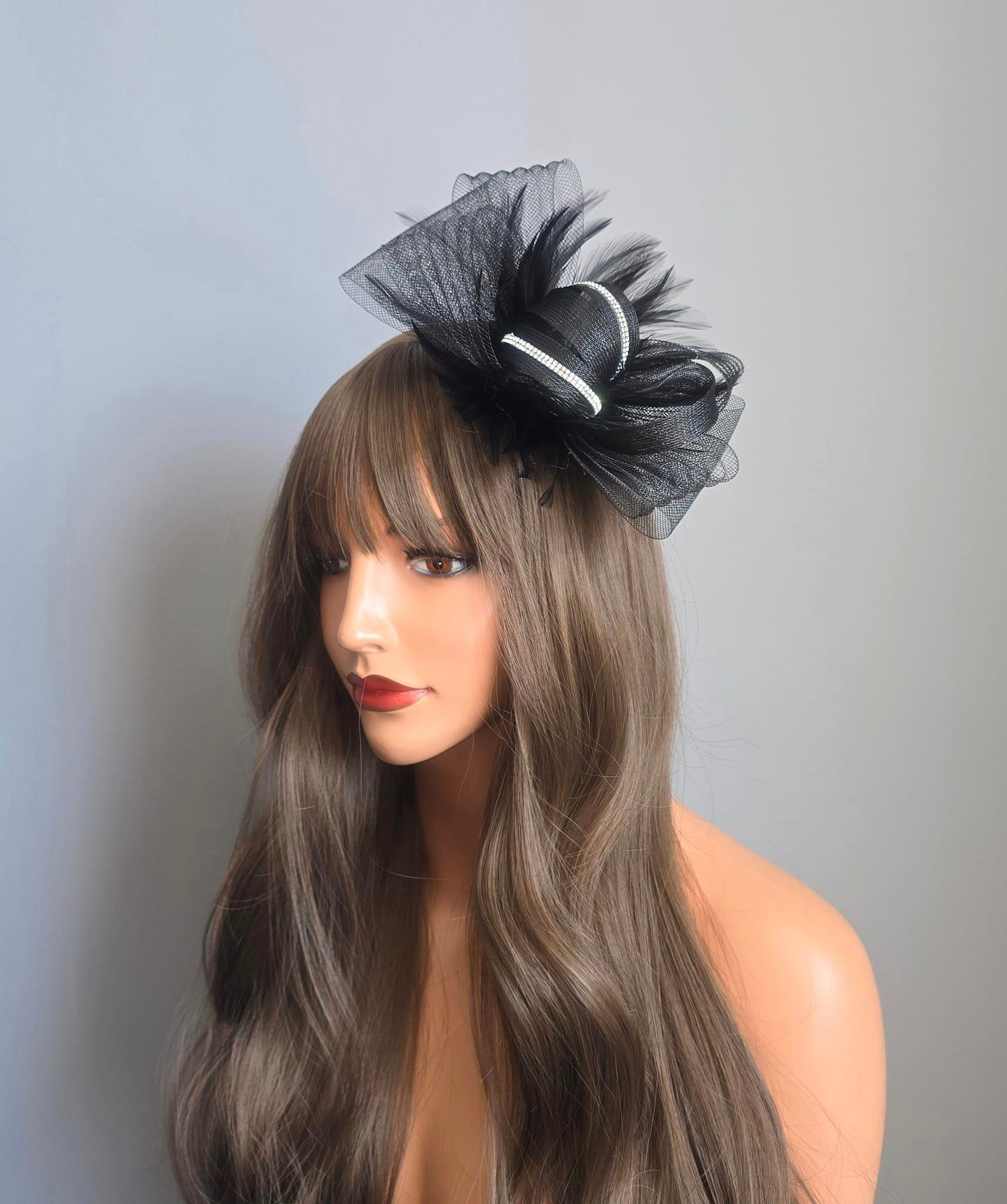 Black mesh Fascinator on a clip with rhinestone