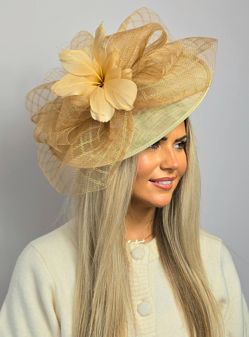 Thumbnail: Gold sinamay Hatinator Hat with mesh on a band 090925