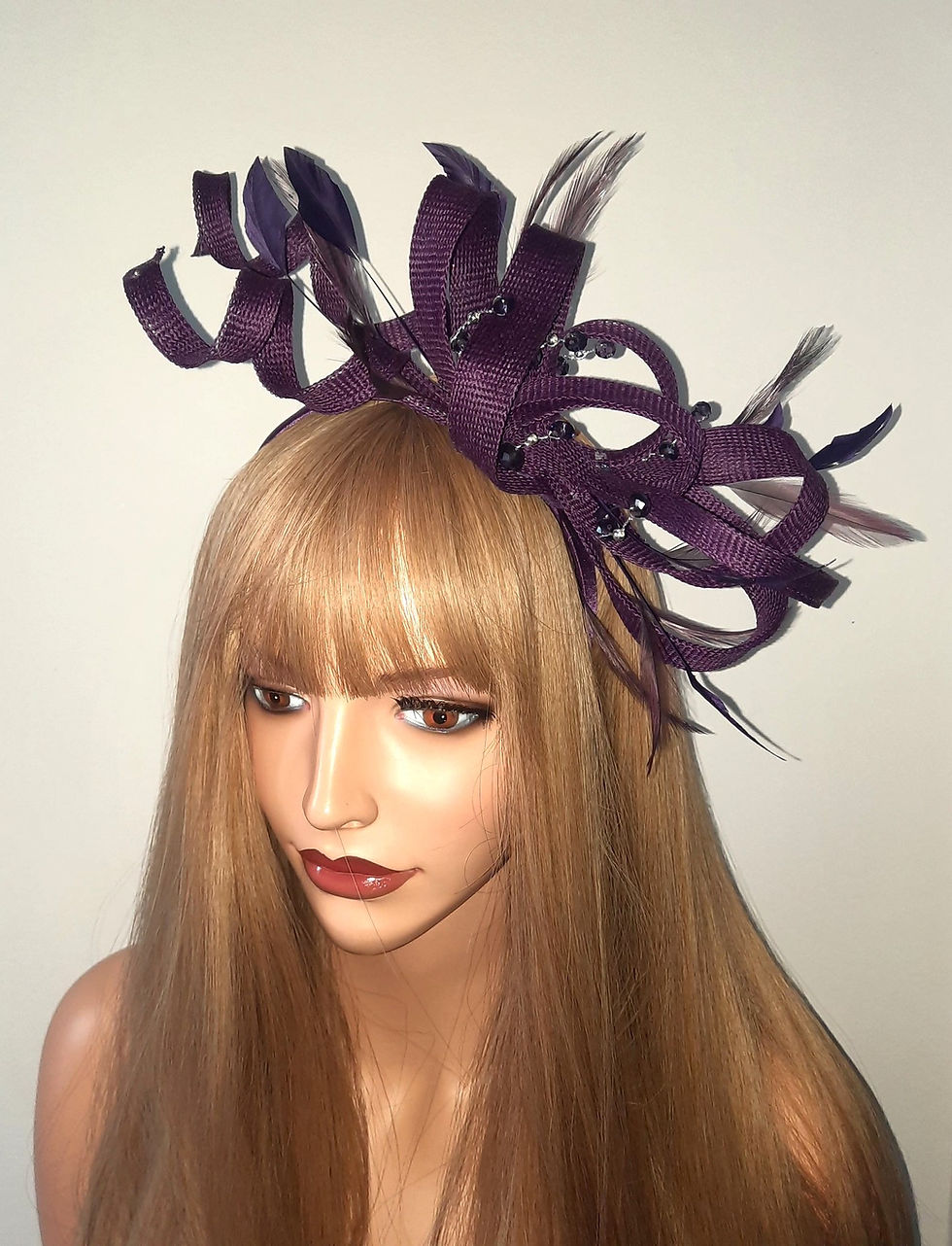 Thumbnail: Aubergine & Silver looped Fascinator on a band 280124