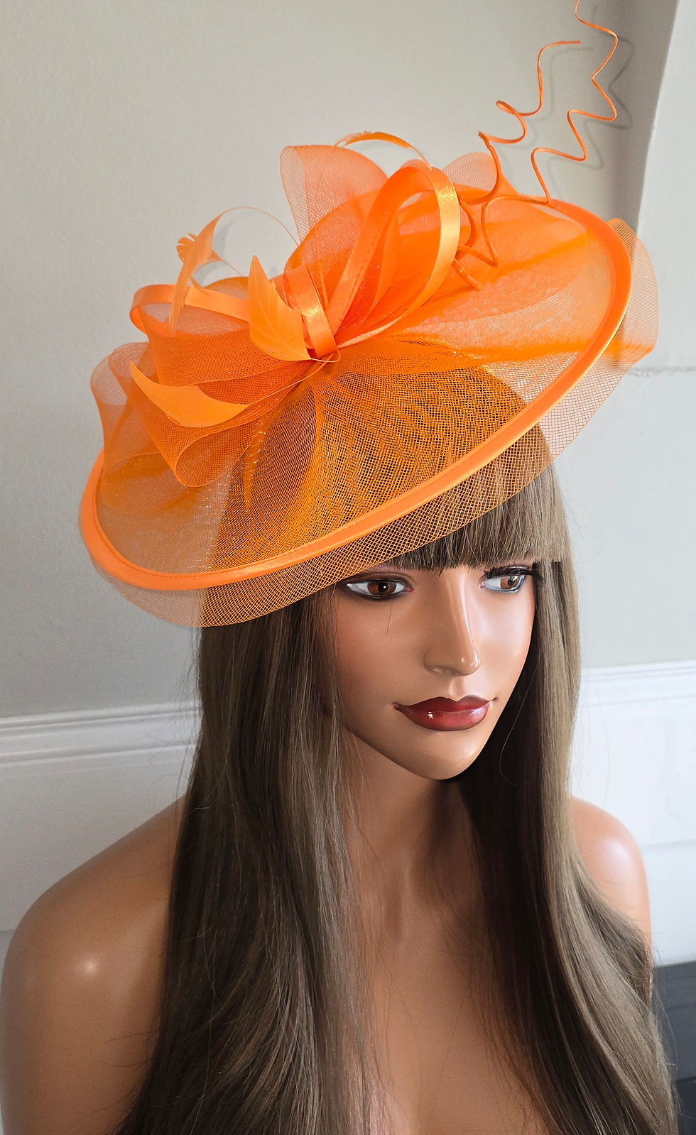 Thumbnail: Orange mesh & satin Fascinator Hatinator with curled quills