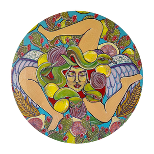 Sicilian themed painting with snakes, figs, lemons and prickly pears.