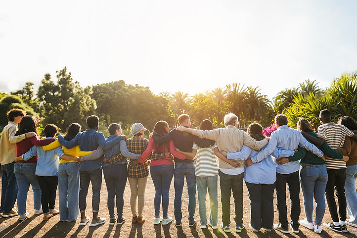 Group of multigenerational people hugging each others - Support, multiracial and diversity