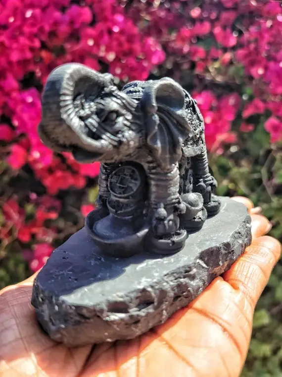 Thumbnail: Hand Carved Shungite Good Luck Elephant w/Chinese Good Luck Money Boats and Coin