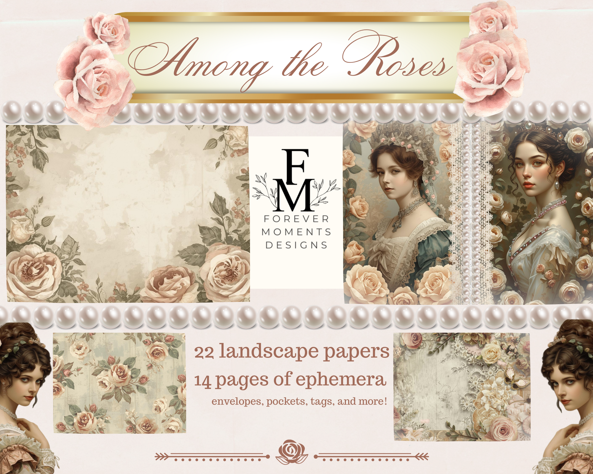 Among the Roses digital junk journal kit — Victorian ladies pink roses printable instant download