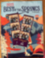 Copy of the 2025 Best of the Springs Magazine with 2 Photo strips with images of Buffalo Lodge Owner Torie, General Manager Sara, Assistant Manager Noelle, and Marketing Manager, Shelby in fun sunglasses holding signs that say "Best of the Springs, Like a Boss, Dream Team, and YAY!"