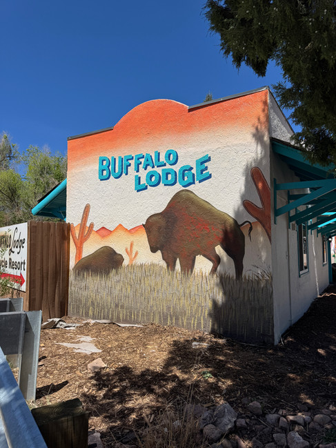 Repainted buffalo mural facing El Paso Blvd at Buffalo Lodge Bicycle Resort in Colorado Springs.