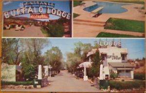 Postcard from the 1960's showing multiple images on the top left is an arch neon sign that says Entrance Buffalo Lodge Resort Restraunt, top right is the outdoor pool with a diving board, and underneath is the Buffalo Lodge with trees lined boulevard.