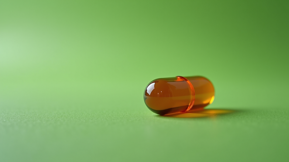 Orange capsule on a bright green background, creating a vivid contrast. The surface looks smooth, with reflections visible on the capsule.