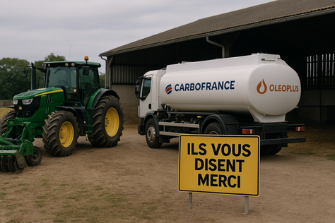 Camion-citerne stationné à côté d’un tracteur moderne dans une ferme, avec un panneau jaune portant l’inscription “Ils vous disent merci