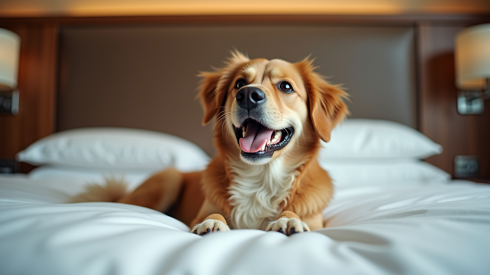 Eye-level view of a happy dog relaxing on a hotel bed