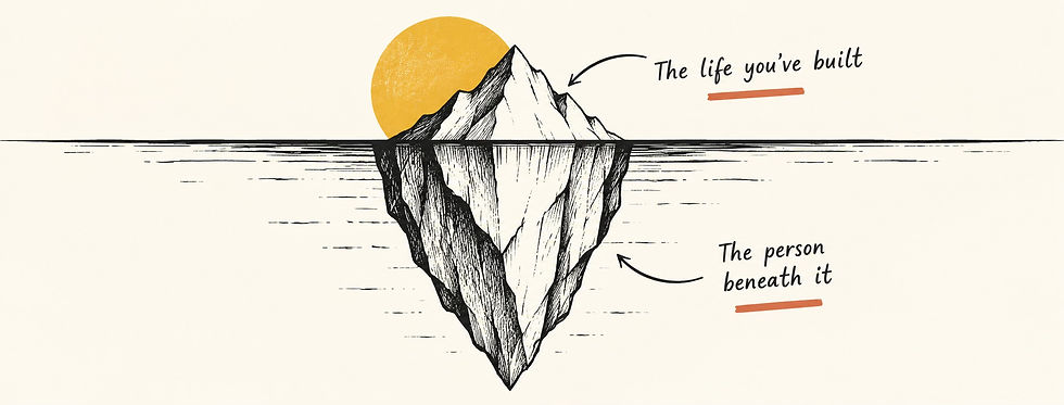 An iceberg illustration. Above the water is labeled 'the life you've built' and below it - 'the person beneath it'