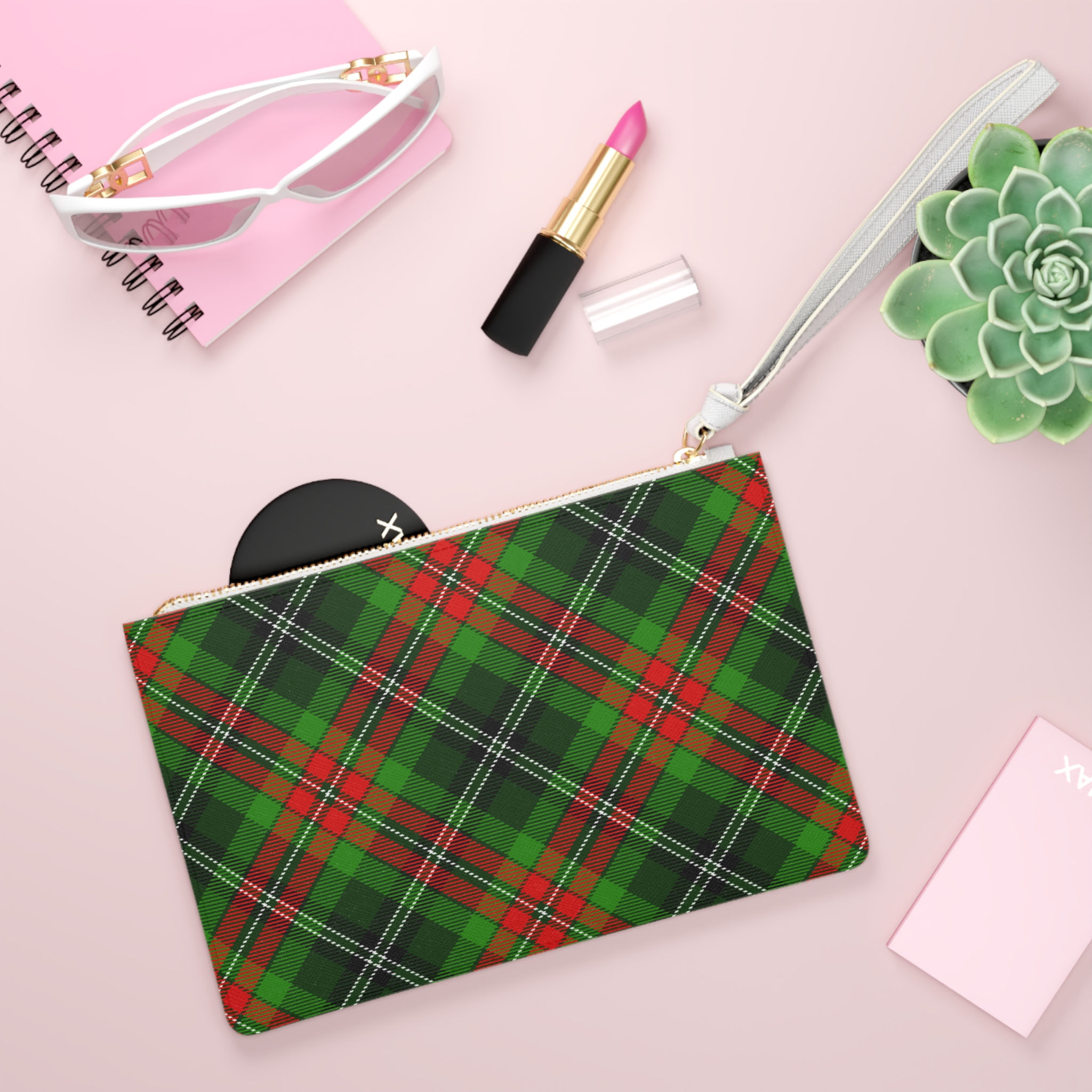 Green tartan clutch bag PU faux leather