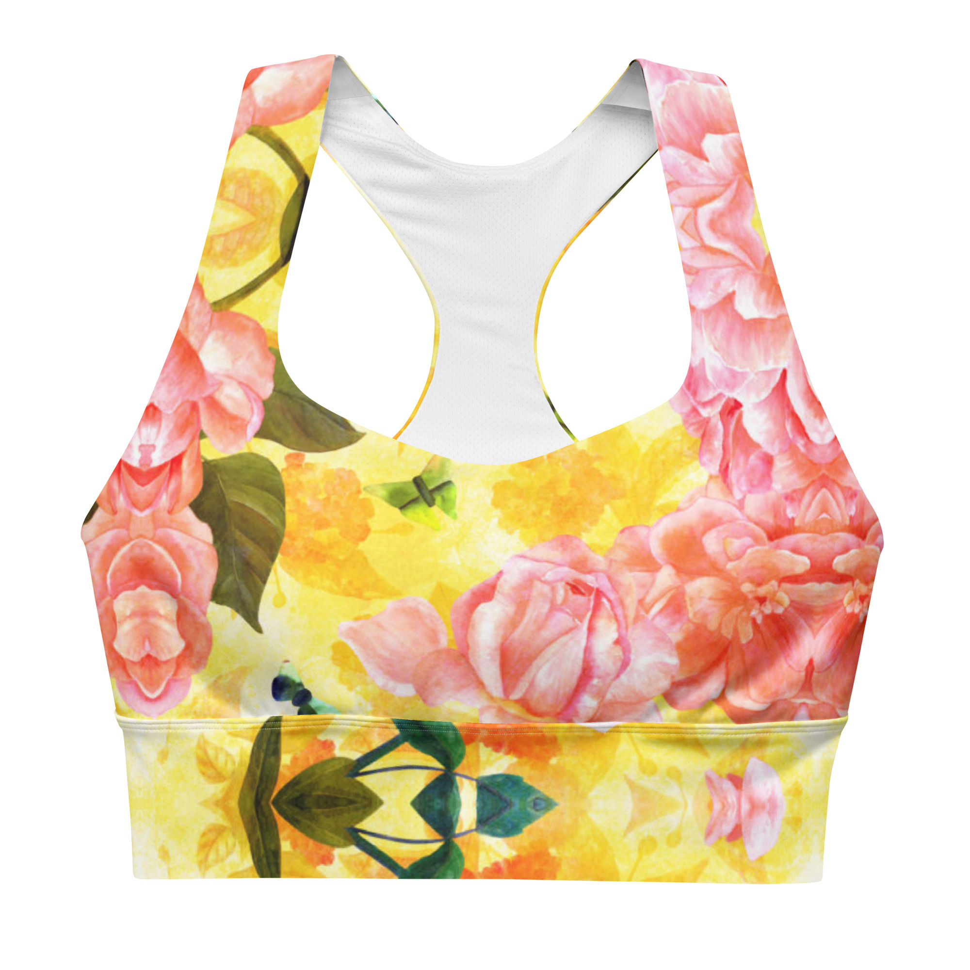 Yellow pink floral design longline sports bra