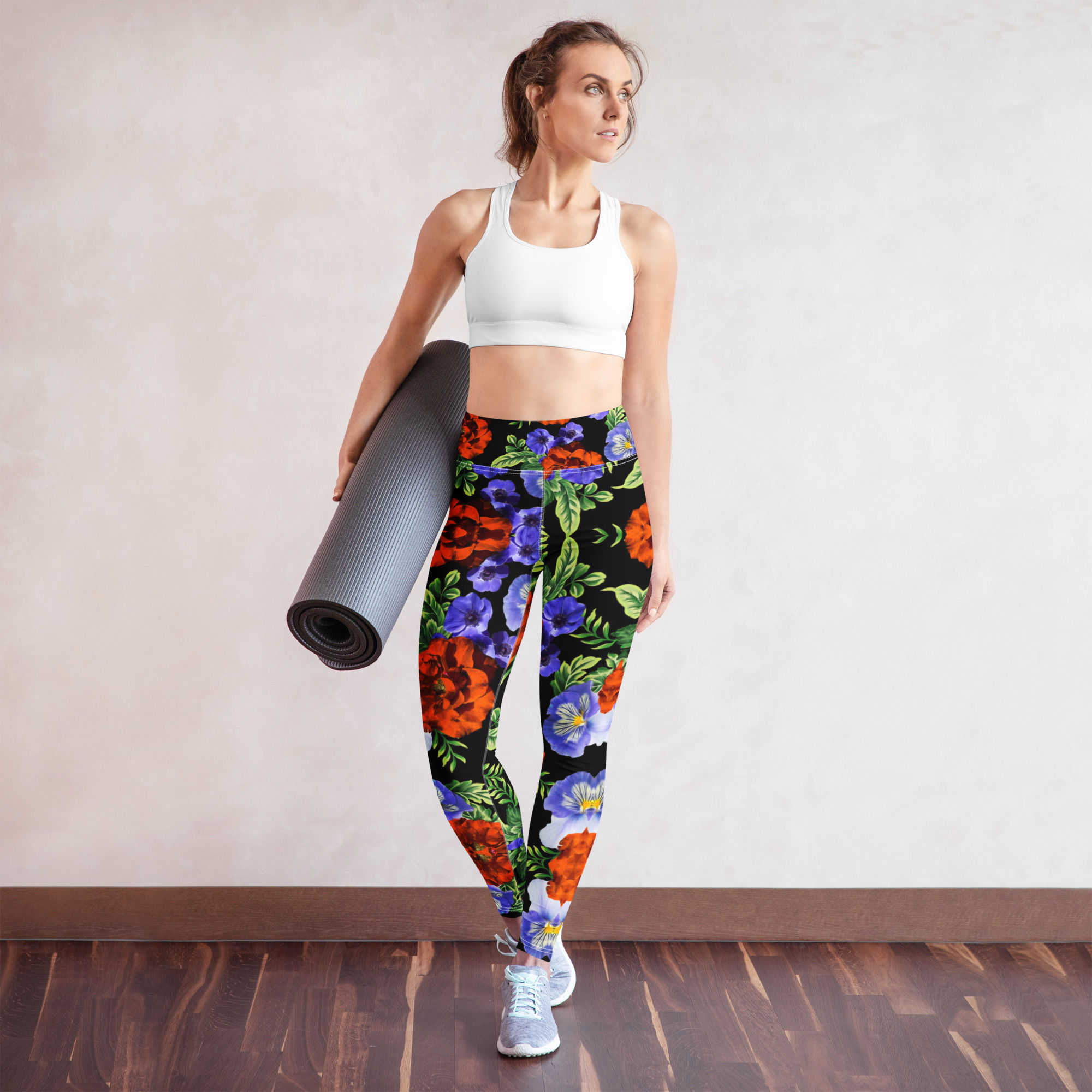 Purple red floral yoga leggings inside pocket