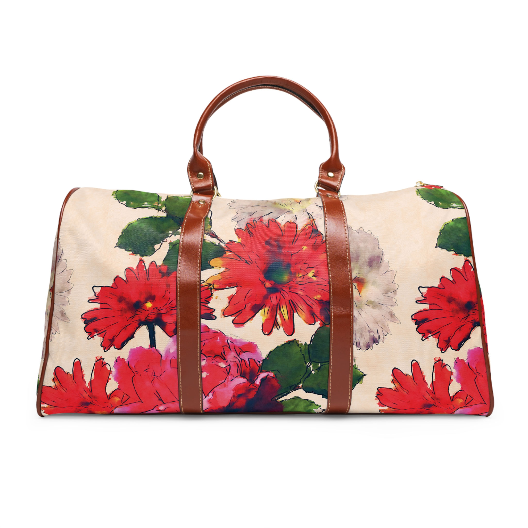 Red Floral Waterproof Travel Bag PU leather 20" × 12'' × 9"