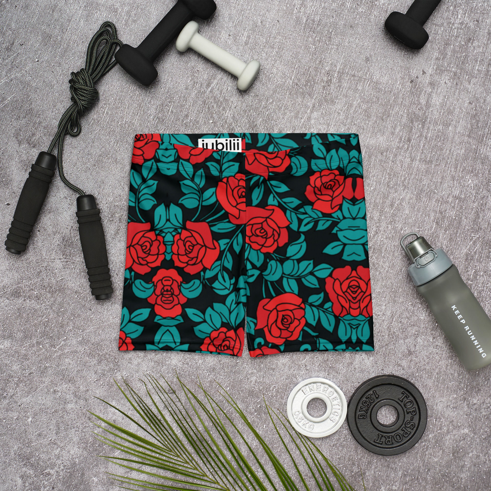 Red green floral bike short elastic waistband