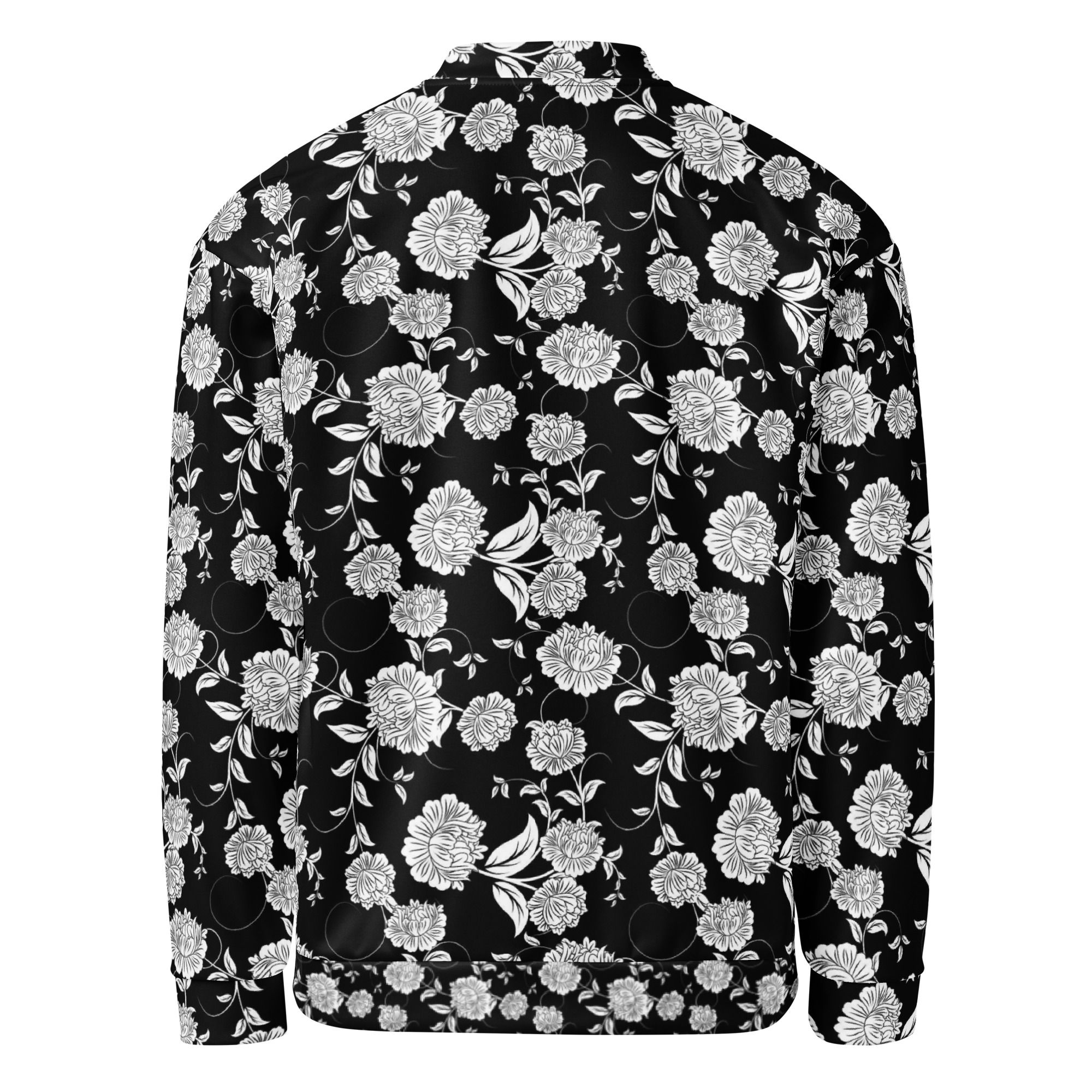 White Floral Black Black Unisex Bomber Jacket XS-3XL