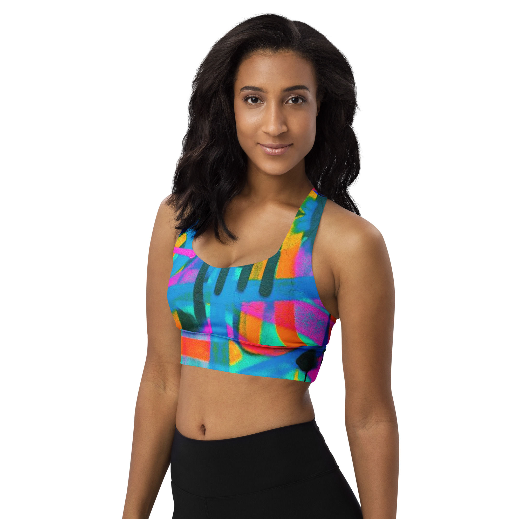 Colorful graffiti art design longline sports bra