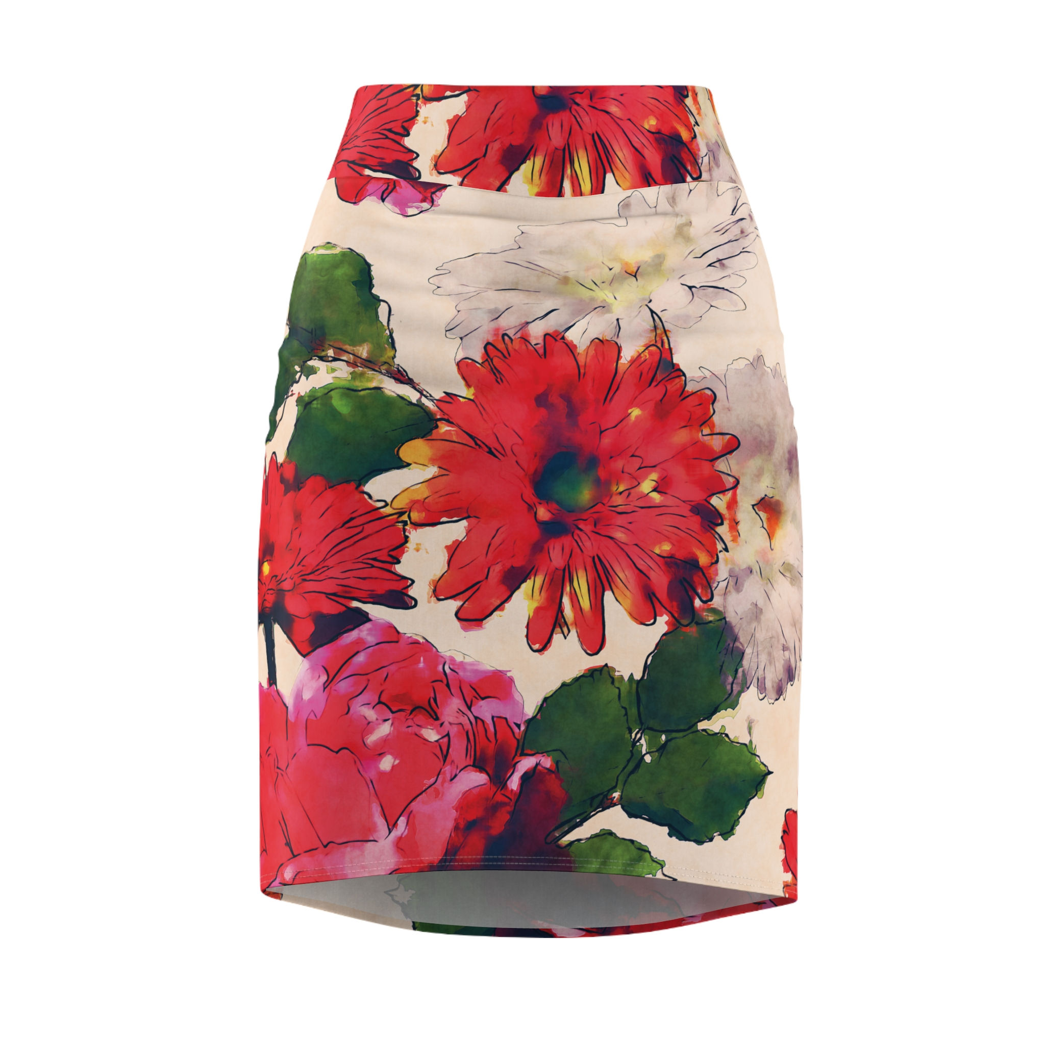 front view Red floral Pencil Skirt Mid waist fit
