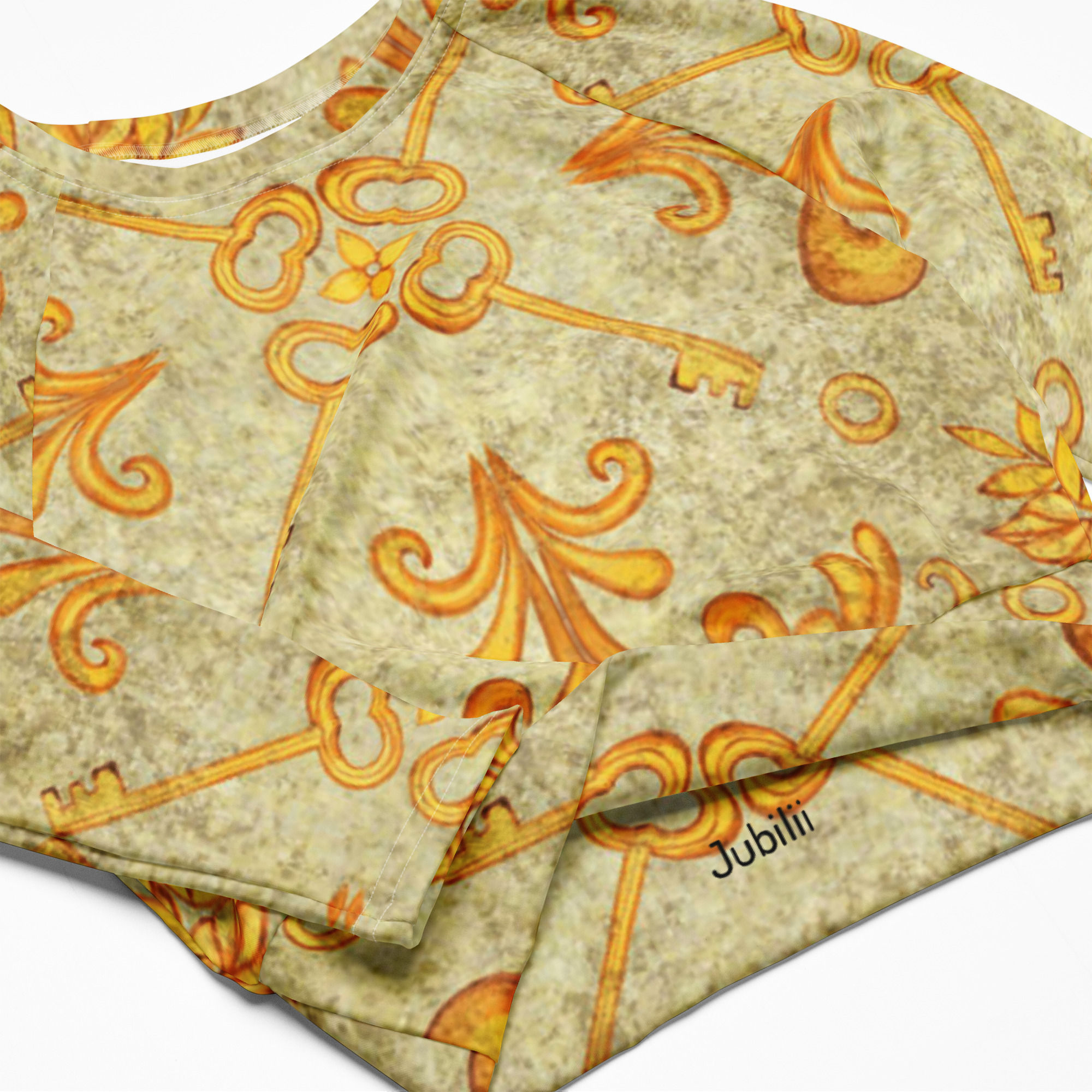 Golden design pattern long-sleeve crop top