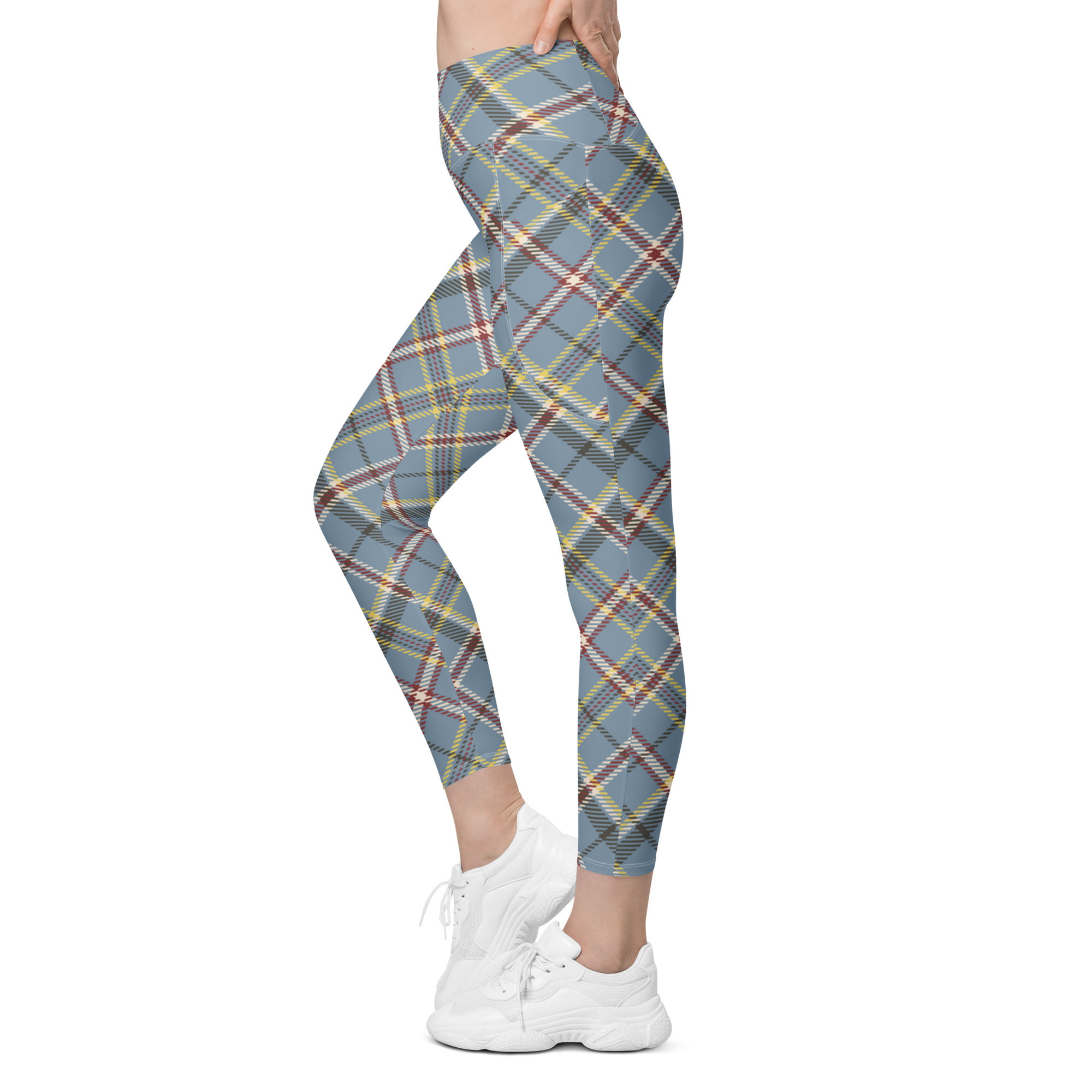 Blue Tartan Yoga Leggings two side pockets high-waisted cut 2XS-6XL soft