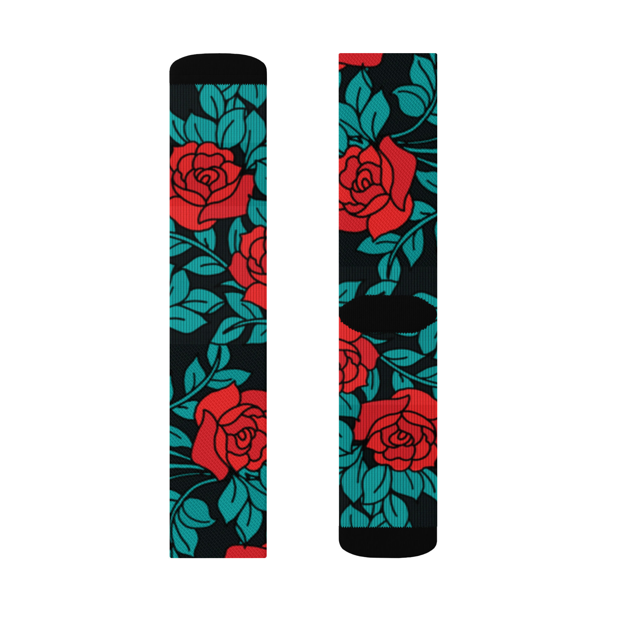 Red green floral Crew socks S-L cushioned fleece-lined bottom