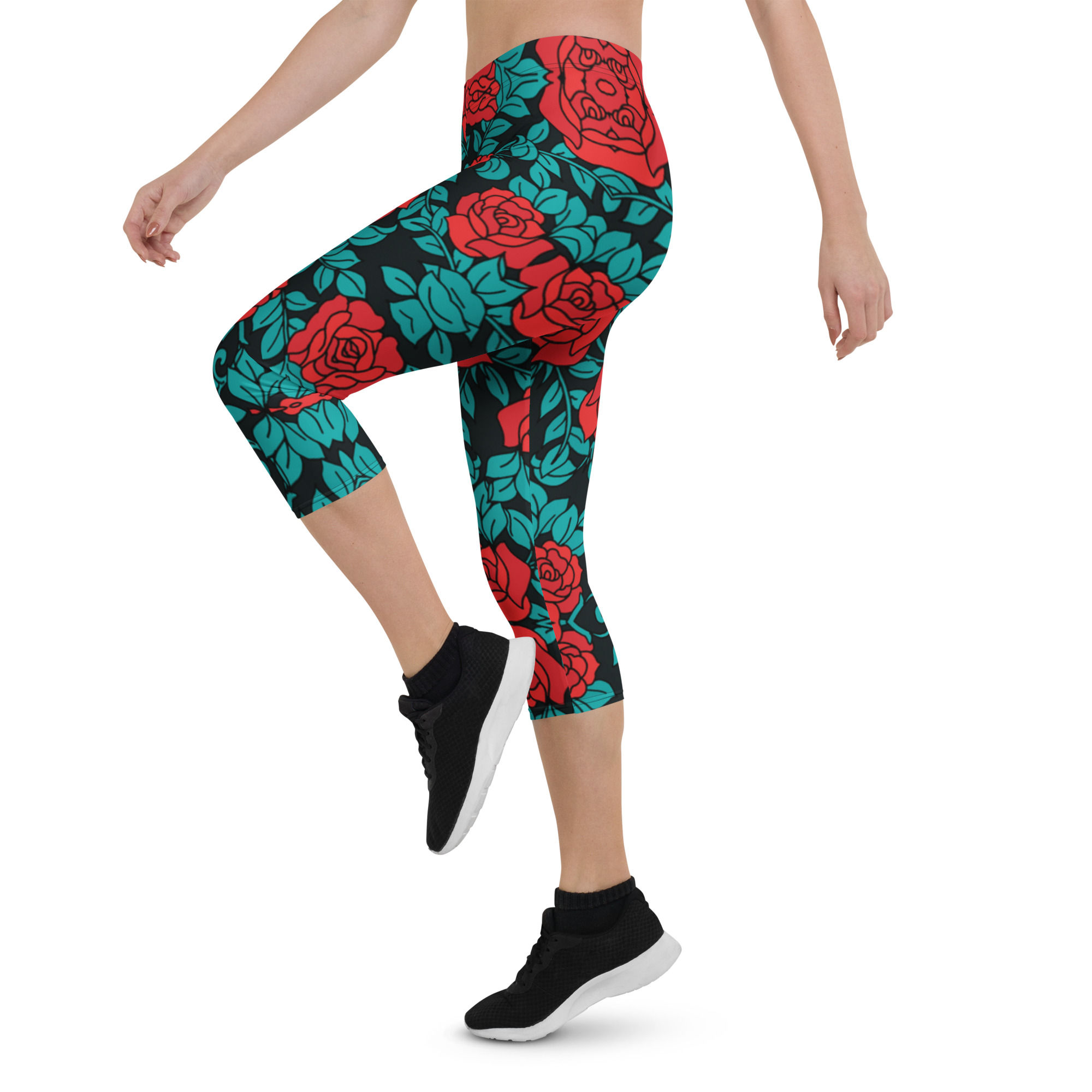 Red green floral mid-rise capri leggings