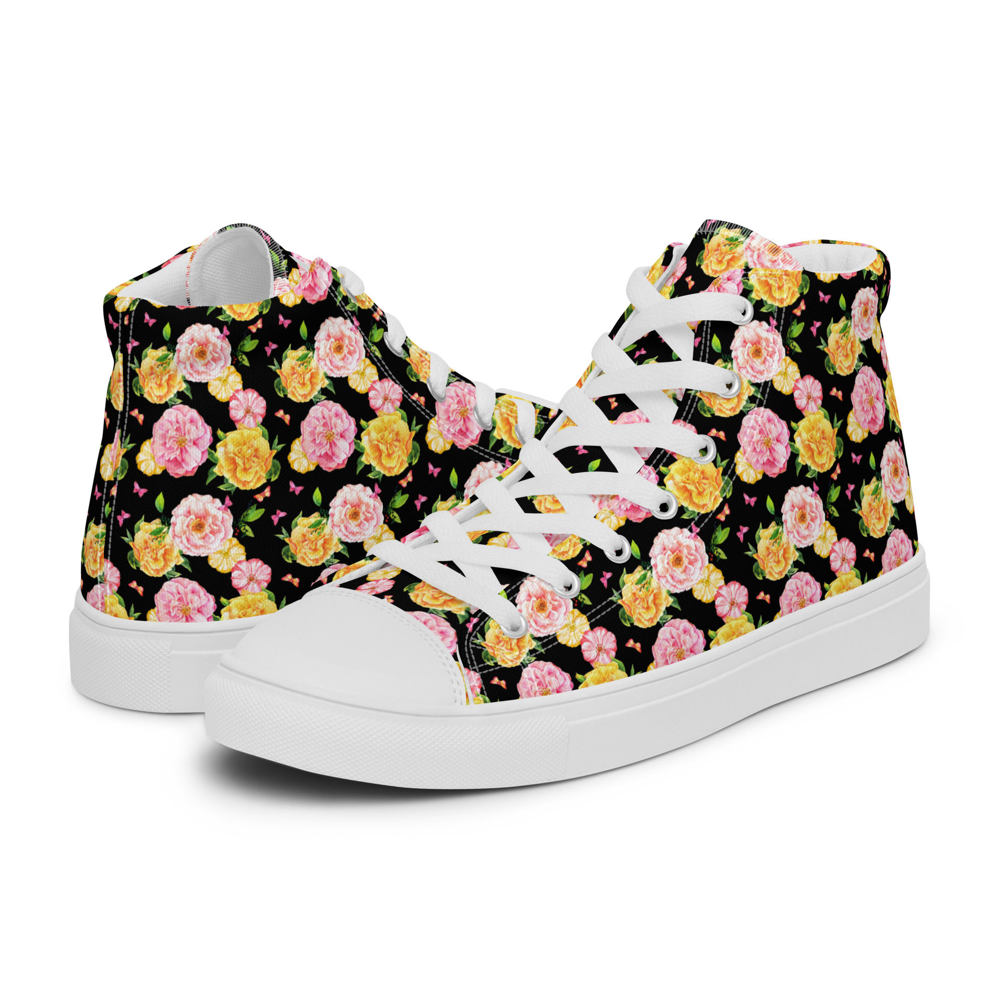 Pink yellow floral women high top trainers sizes 5-12 US canvas lace-up shoes