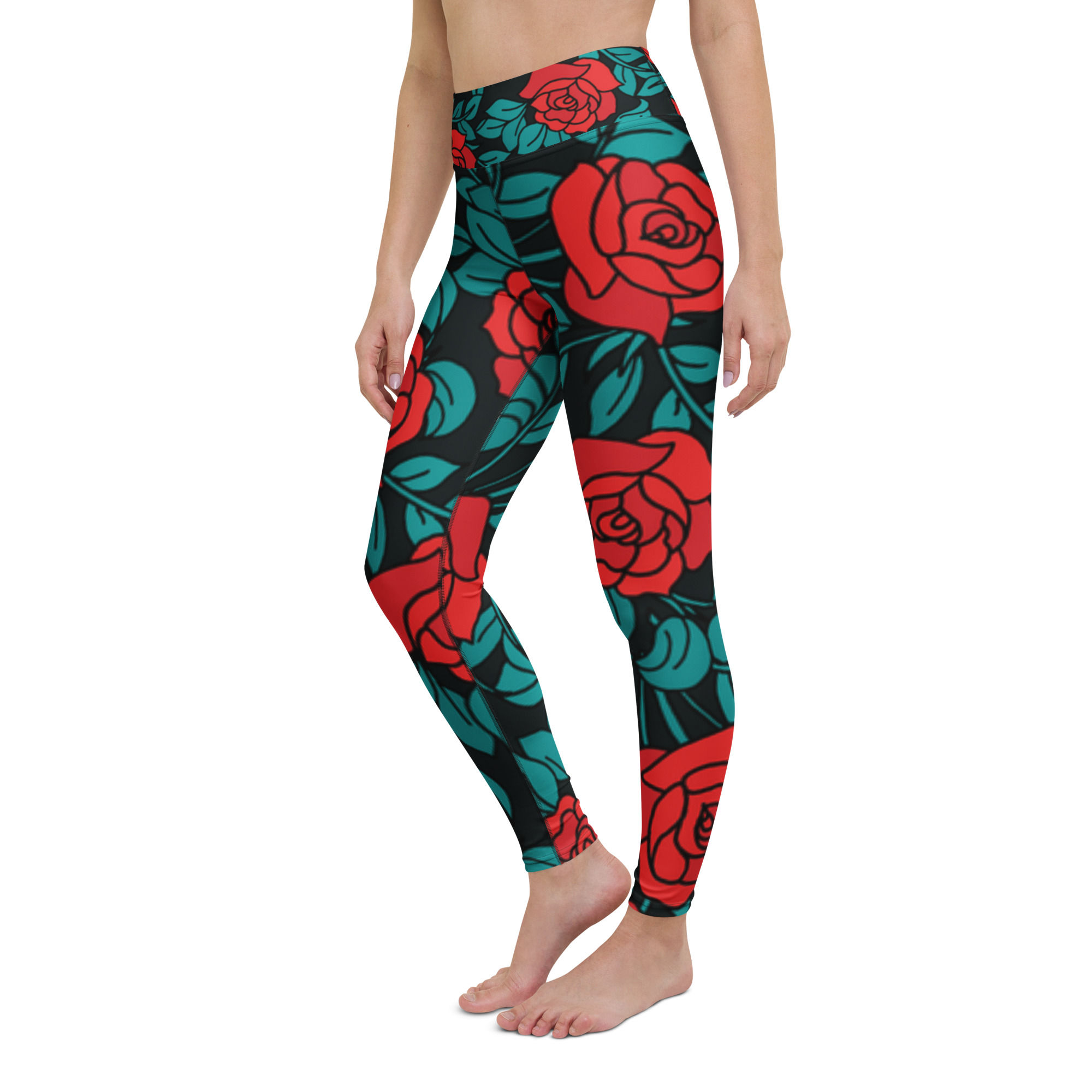 Red green floral yoga leggings inside pocket
